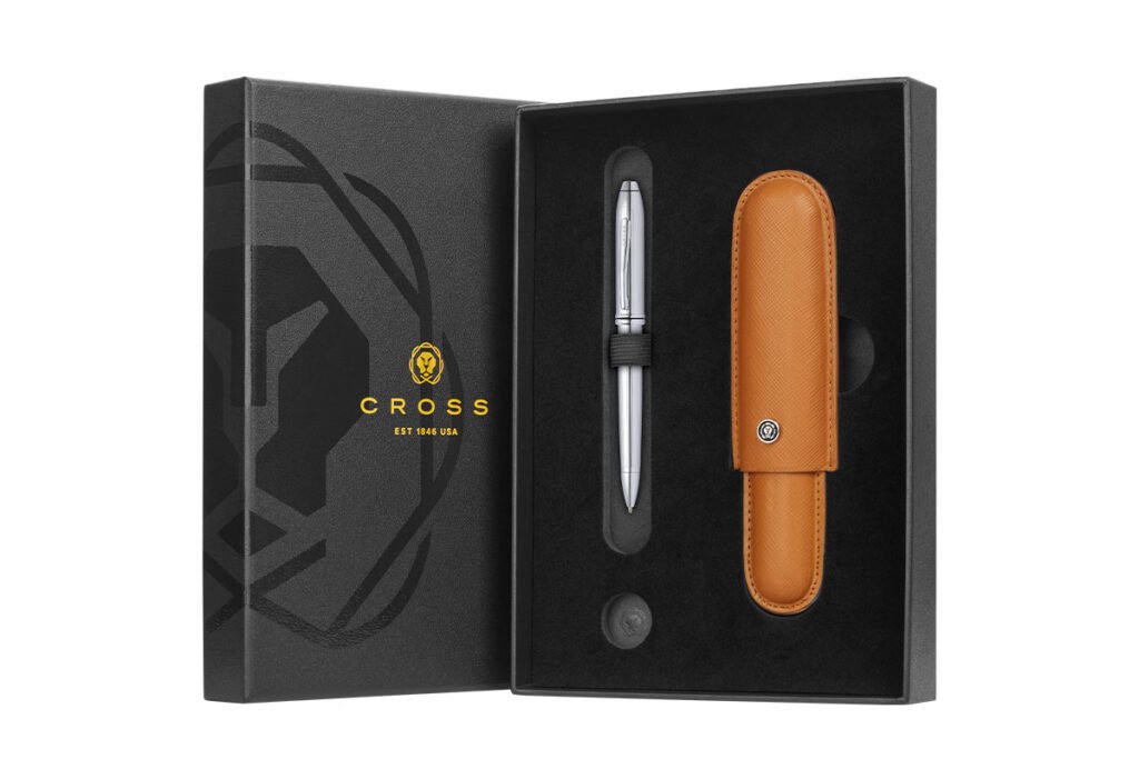 Cross Townsend Lustrous Chrome Ballpoint Pen with Mocha Cigar Style Saffiano Leather Pen Case Gift Set