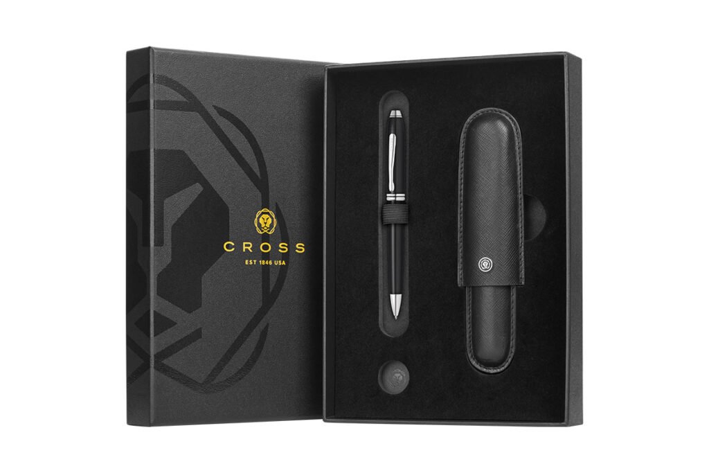 Cross Townsend Black Lacquer Ballpoint Pen with Black Cigar Style Saffiano Leather Single Pen Case Gift Set