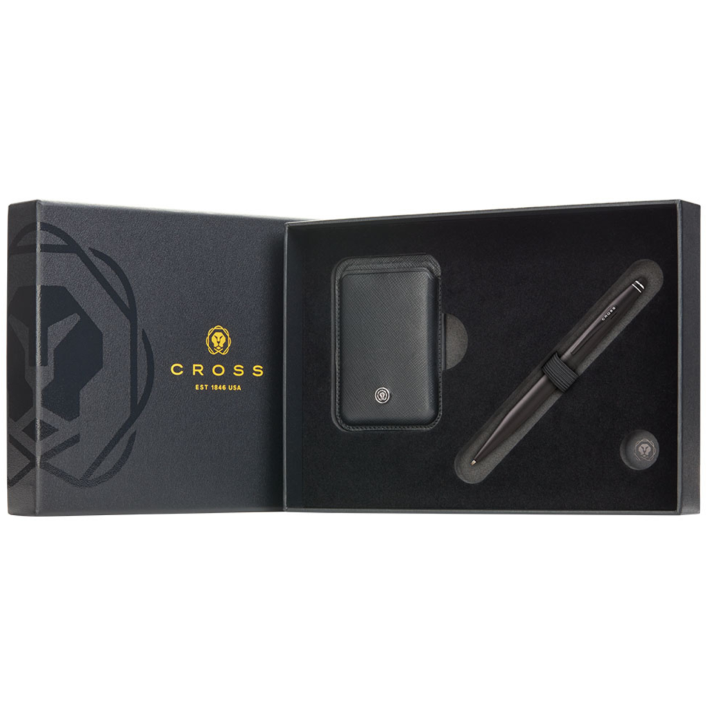 Cross Tech2 Satin Black Pen with Classic Black Saffiano Leather Magnetic Card Holder Gift Set