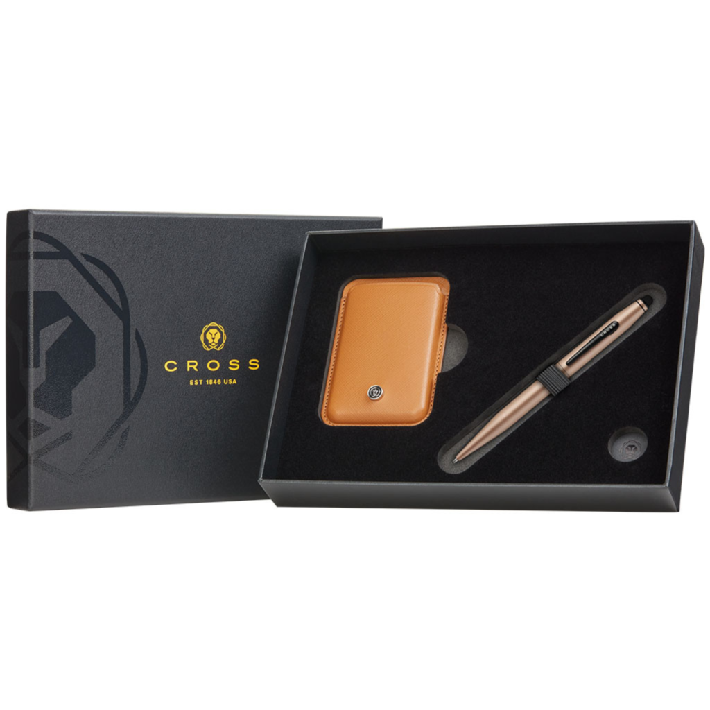 Cross Tech2 Satin Metallic Macchiato Pen with Mocha Saffiano Leather Magnetic Card Holder Gift Set