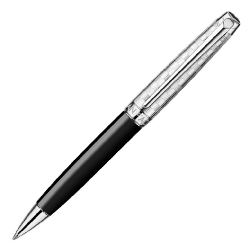 Caran d’Ache Leman Damier Plated/Rhodium Coated Ballpoint Pen with Leather Case Silver