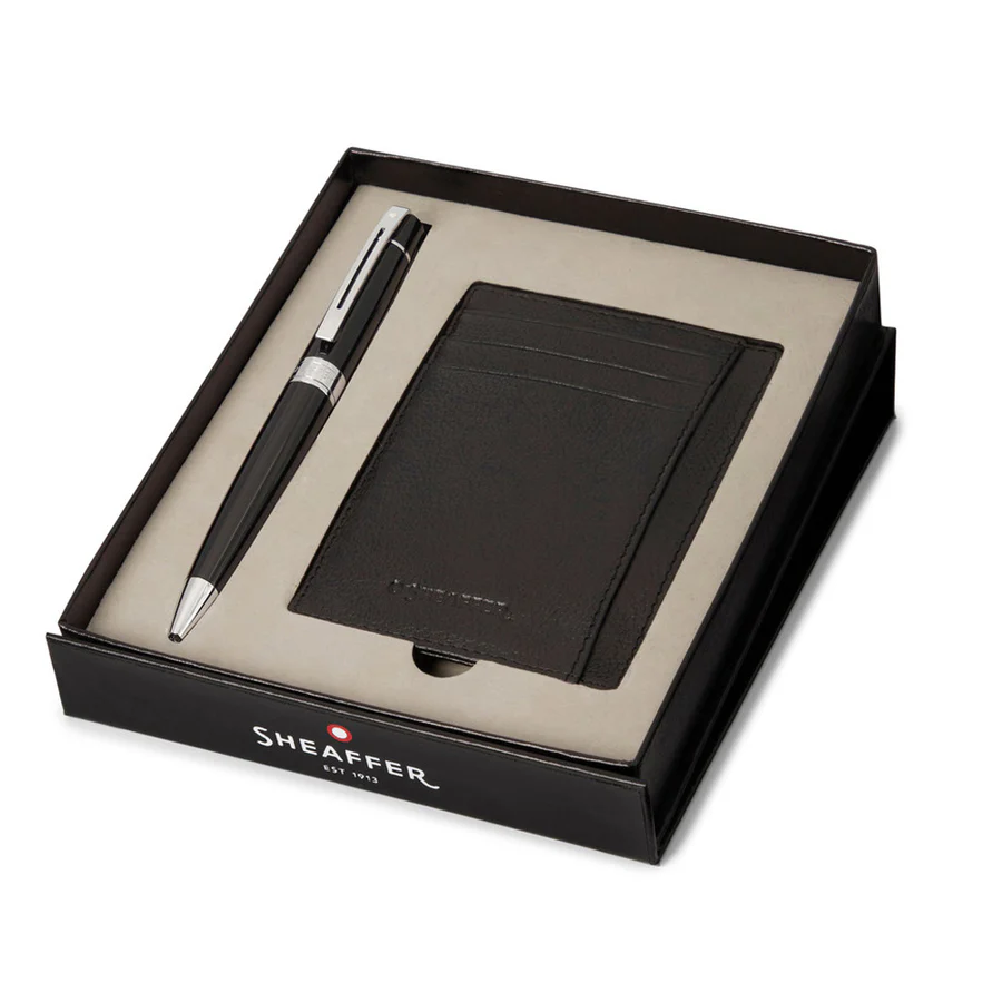 Sheaffer 300 Glossy Black Chrome Trim Ballpoint Pen With Credit Card Holder