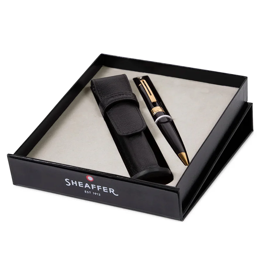 Sheaffer 300 Glossy Black with Gold Trim Ballpoint Pen with Single Leather Pouch
