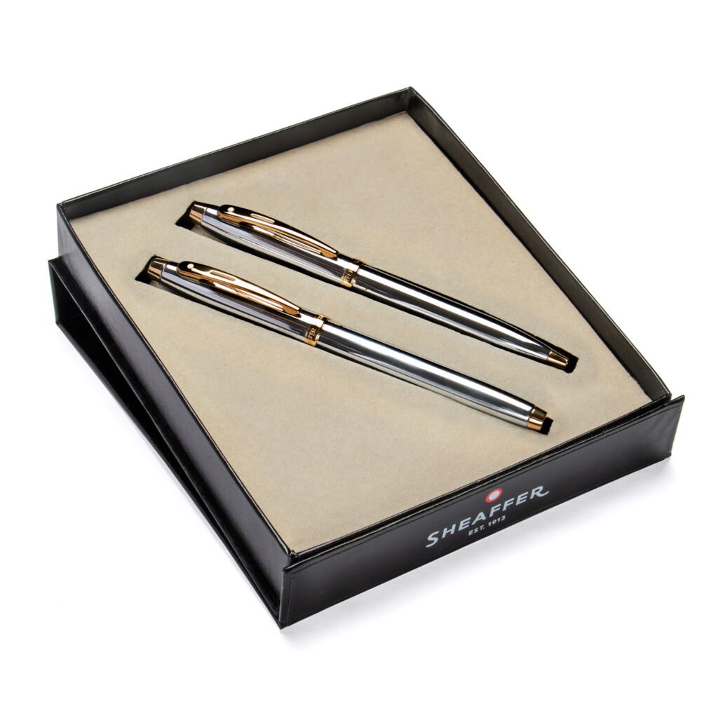 Sheaffer 100 Bright Chrome Gold Trim BP & FP Gift set
