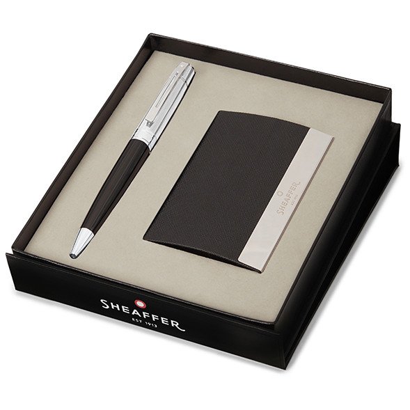 Sheaffer 300 Glossy Black Chrome Cap Ballpoint Pen With Business Card Holder