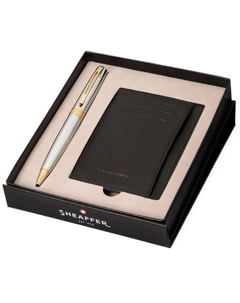 Sheaffer 300 Bright Chrome With Gold Trim Ballpoint Pen With Credit Card Holder